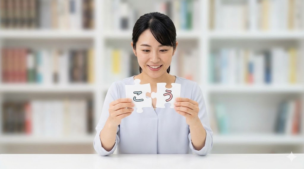 デスクで、韓国語のパッチムと母音が繋がる「連音化（リエゾン）」の仕組みをパズルのピースを使って理解する日本人の女性。