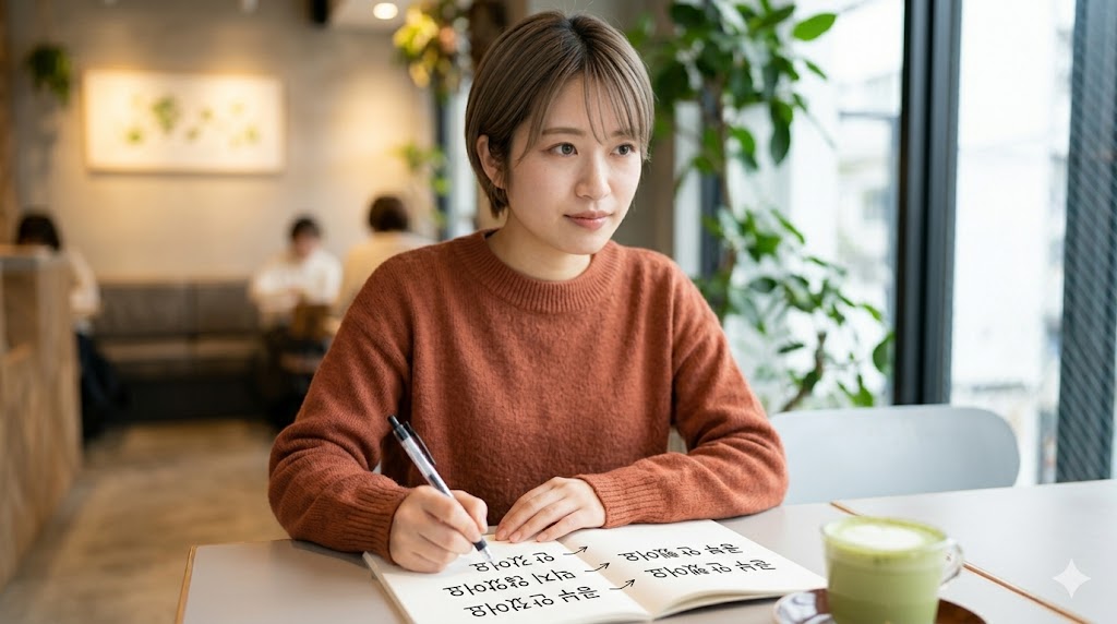 日本人女性学習者の手が、カフェのテーブルでノートに韓国語の過去否定形「안 갔어요」「먹지 않았어요」を書き留める
