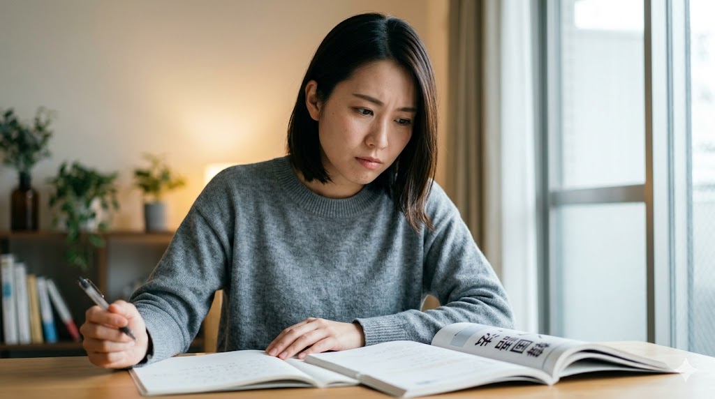 日本人の女性が、自宅のデスクで「名詞+하다動詞」の韓国語の否定表現「안」と「못」の例外ルールについて真剣に勉強している。