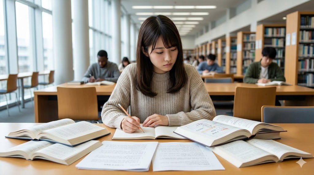 日本の大学図書館で、韓国の歴史に関する日本語の書籍と資料を広げて、集中して読み解く日本人女性。複雑な「過去の推測」や「名詞への応用」という、より高度な文法を学習していることを視覚的に表現する。