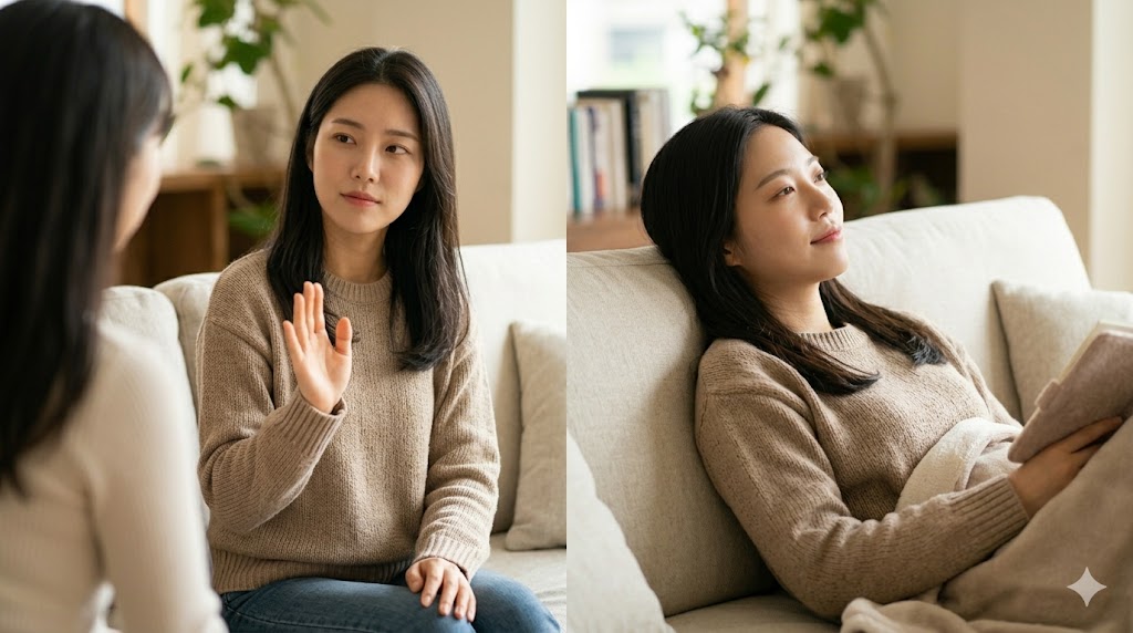 日本人女性が、相手の誘いを丁寧に断ったり、自分の意志で何もしないことを選んだりする様子を描いたイメージ画像。自然な光と温かい雰囲気の中で、韓国語で「〜したくない」と伝える否定表現のフォーマル（丁寧語）とカジュアル（タメ口）なニュアンスが表現されている。