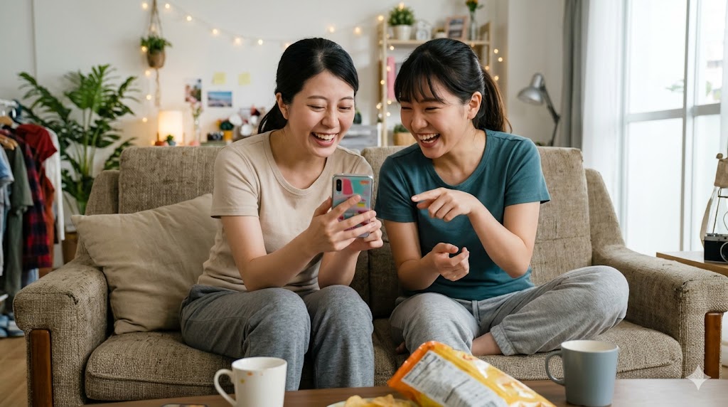 自宅のソファでくつろぎながら、スマートフォンを見て爆笑する日本人の女子大学生二人組。親しい仲でのカジュアルな韓国語（パンマル）会話を楽しむ様子。