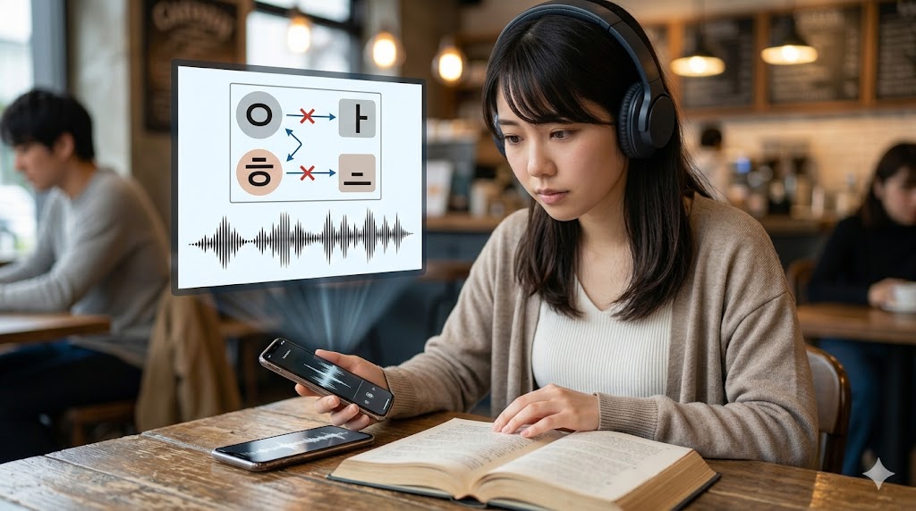 韓国語の連音化（リエゾン）による音の変化が聞き取れない日本人学生が、ヘッドフォンを使い、視覚的な図解を参考にリスニング練習をする、E-E-A-T向上のためのイメージ画像。