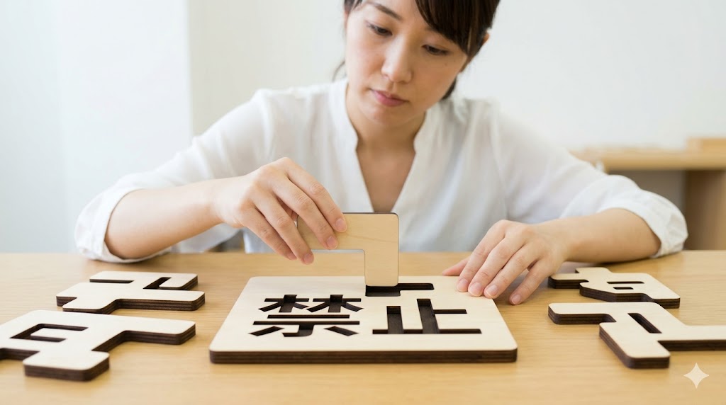 学習センターで、韓国語の「ㄹパッチム」専用の特別なパズルピースを慎重に「禁止表現」の枠にはめ込む日本人女性。
