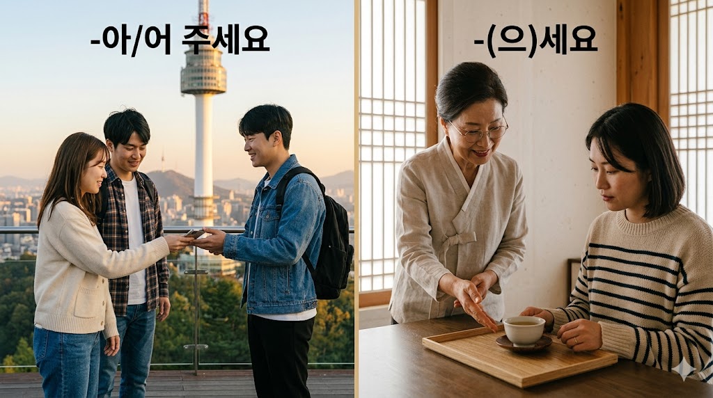 韓国語の2つの「ください」表現の違い。左は自分のために写真を頼む女性（-아/어 주세요）、右は相手のためにお茶を勧める店員（-(으)세요）。誰の利益になる行動かで使い分ける、最重要の文法ポイントを視覚化したイメージ。