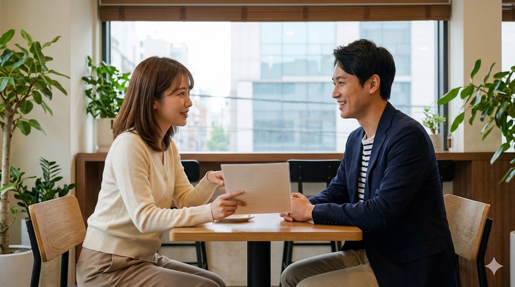 韓国ソウルのモダンなカフェで、日本人女性が日本人男性に対して笑顔でメニューを指し示しながら、相手の意向を伺うように話している。配慮のある誘い方（-ㄹ/을까요?）の場面。