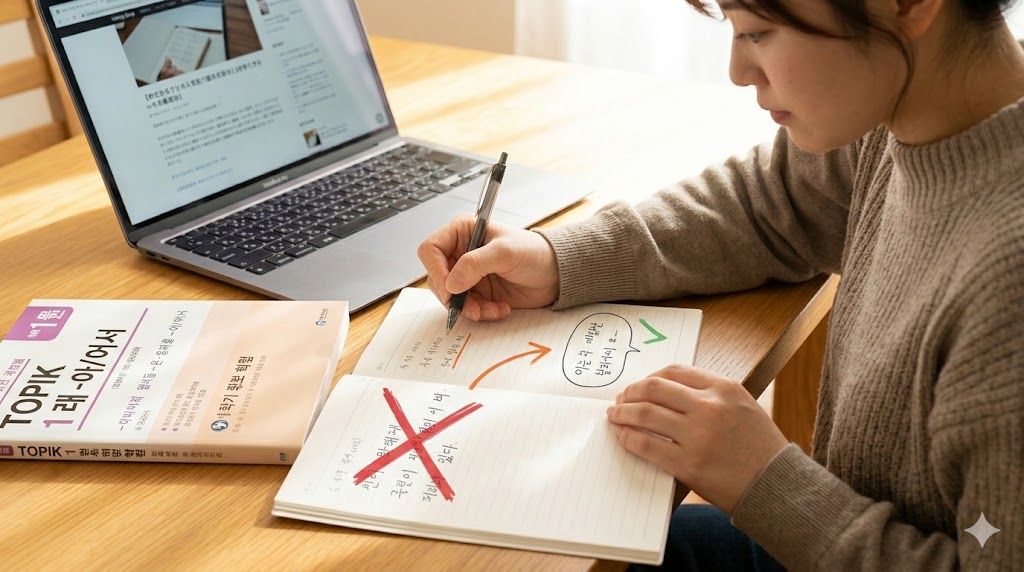 自宅の机で、ノートに書いた「-아/어서」の誤った接続（命令形・勧誘形）を大きな赤色の「✖」で訂正し、正しい表現へ矢印を引く日本人女性。
