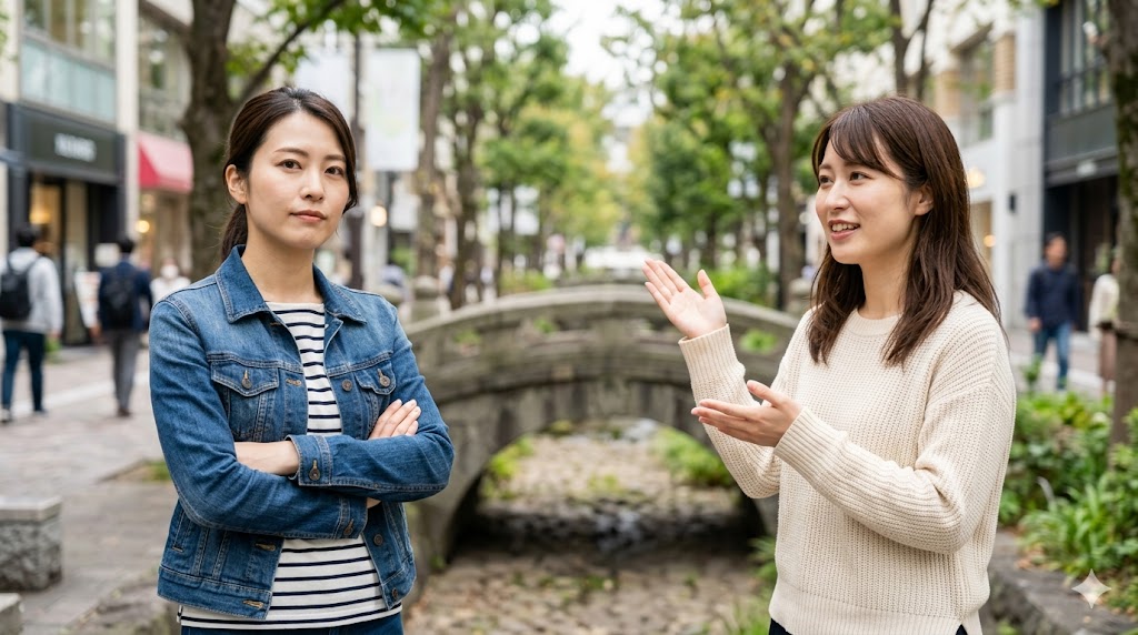 東京の街角で、日本人女性二人が会話をしている。左側の女性は腕を組み、はっきりとしたコントラスト（逆接）を表現する表情。右側の女性は身振り手振りを交え、柔らかな状況説明（前置き）をする表情。