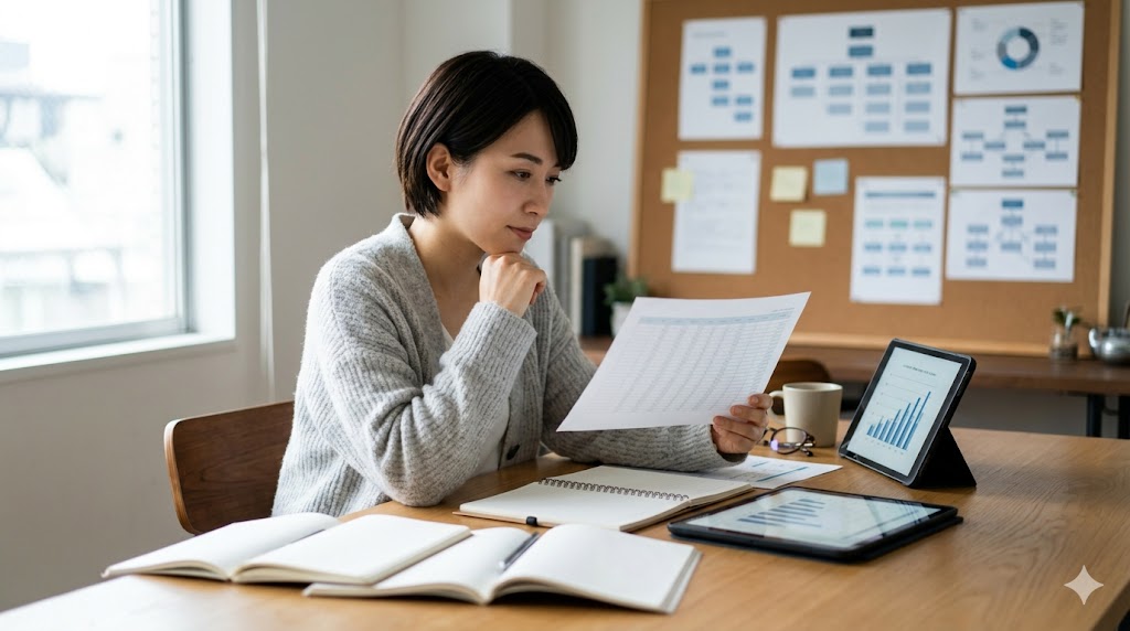 韓国語の勉強机で、口の構造図を参考にしながら発音練習をする日本人女性。