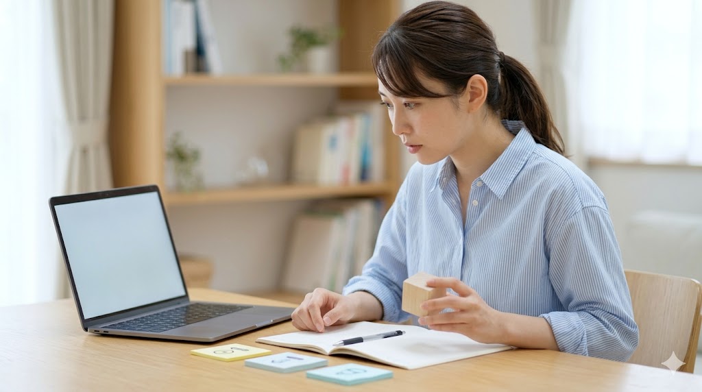 静かな室内で韓国語の使役・受身表現について学習する日本人女性。ノートとペンを使い、集中して発音の変化を書き出している。