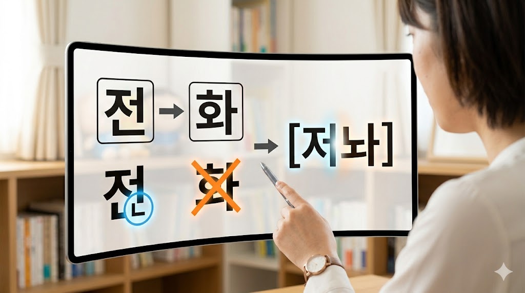 韓国語の単語「전화（電話）」の発音において、「ㅎ」が弱化・脱落するプロセスを視覚化。有声音「ㄴ」の後ろで「ㅎ」が消え、[저놔]（ジョノァ）と連音化する様子。