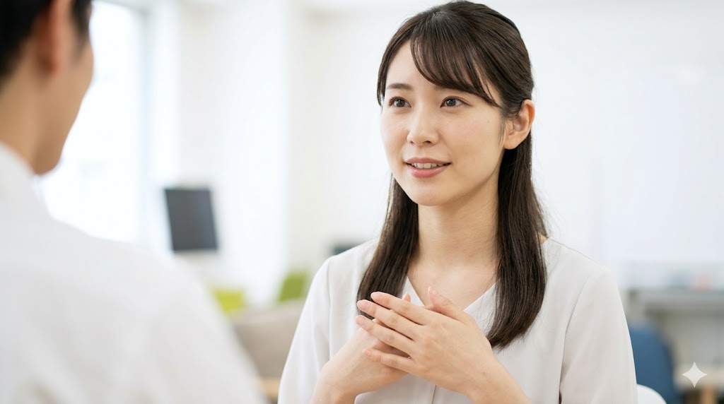 丁寧な一人称「저는」を使って自己紹介をする日本人女性の表情。