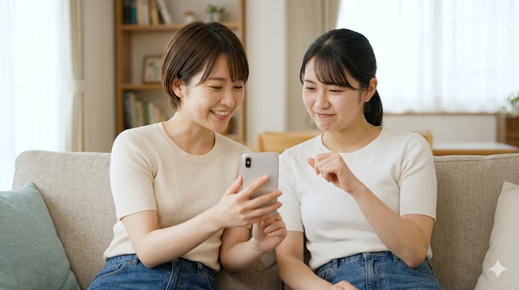 韓国語のタメ口（パンマル）「아니야」が使われる、親しい友人同士のカジュアルな会話シーン。