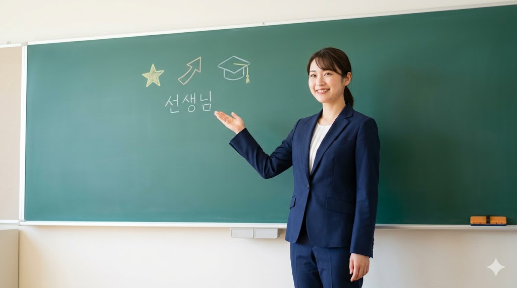 夢を叶えて先生になった日本の女性。変化の結果（になる）には助詞「이/ガ」を使うという文法ルールのイメージ。