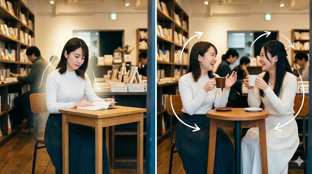 同じカフェの店内で、日本人女性が一人で静かに座っている姿（存在を表す「-에」）と、友達と楽しく話している姿（動作を表す「-에서」）を比較しており、韓国語の助詞の使い分けを視覚的に説明している。