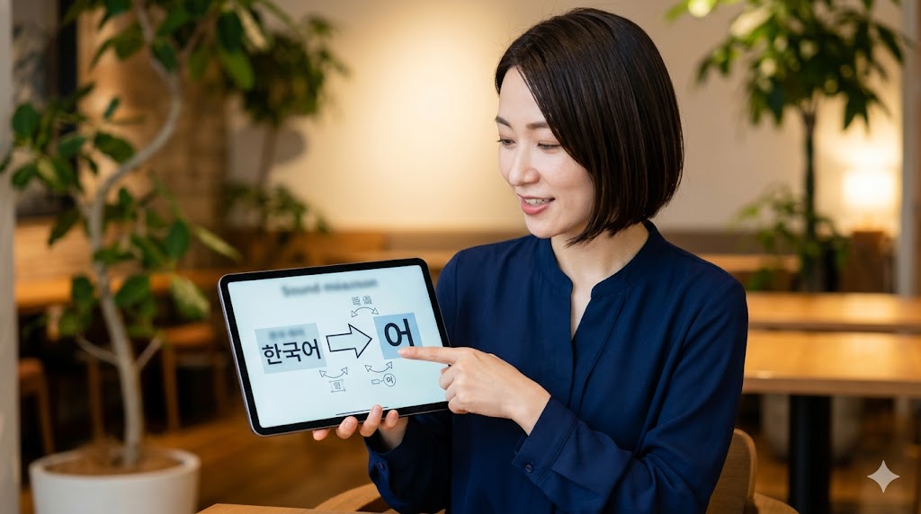 タブレット端末の画面に表示された、連音化（リエゾン）の仕組みを解説するイラストを指差している、アジア人の手のクローズアップ画像。イラストでは、「한국어（韓国語）」のパッチム「ㄱ」が、後ろの「어」の空箱「ㅇ」の位置にスライドして発音される様子が、矢印で分かりやすく表現されている。