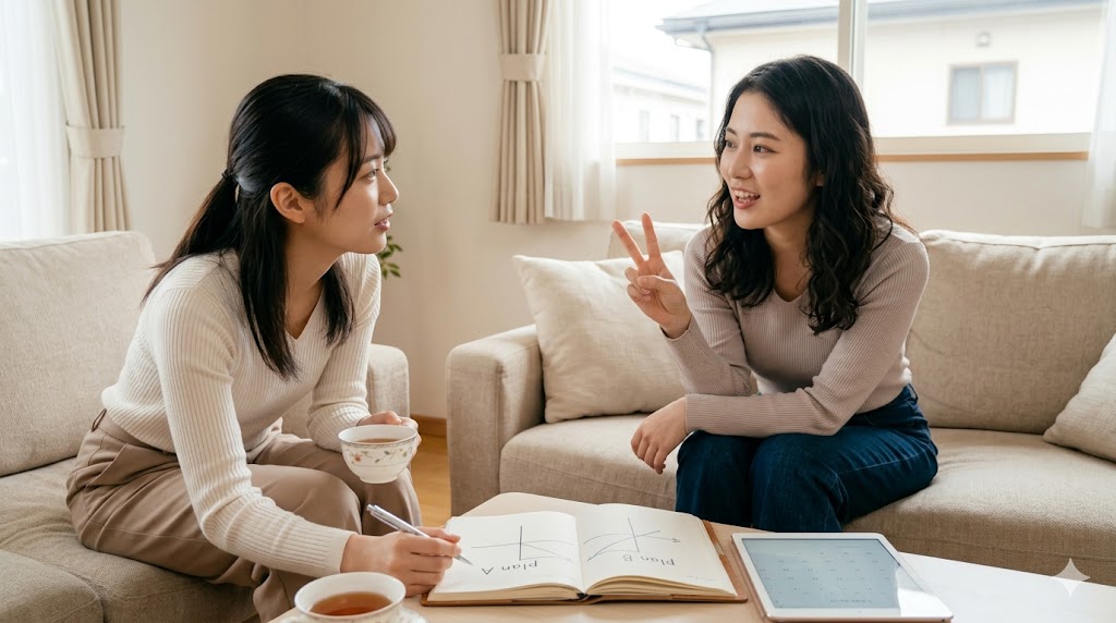 カフェの落ち着いた室内で、熱心に話し合う2人の日本人の若い女性。左側の女性が相手の話を聞き、共感しながら相槌を打っている。温かく、寄り添うような雰囲気が感じられる。