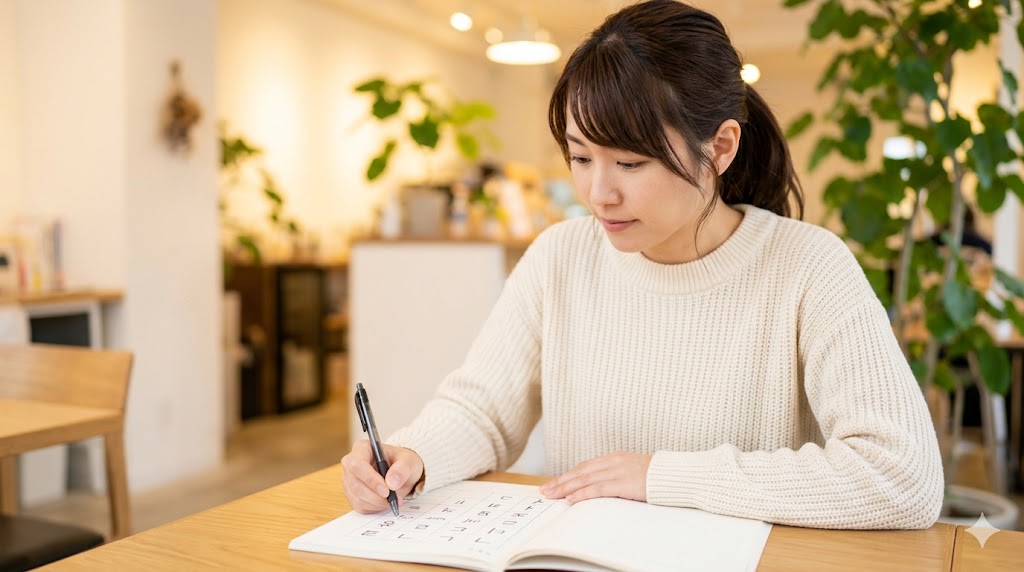 カフェの明るい席で、ノートを開き、ペンを片手にハングルの子音一覧表（ㄱ, ㄴ, ㄷ, ㄹ...）を熱心に勉強する日本人女性の横顔