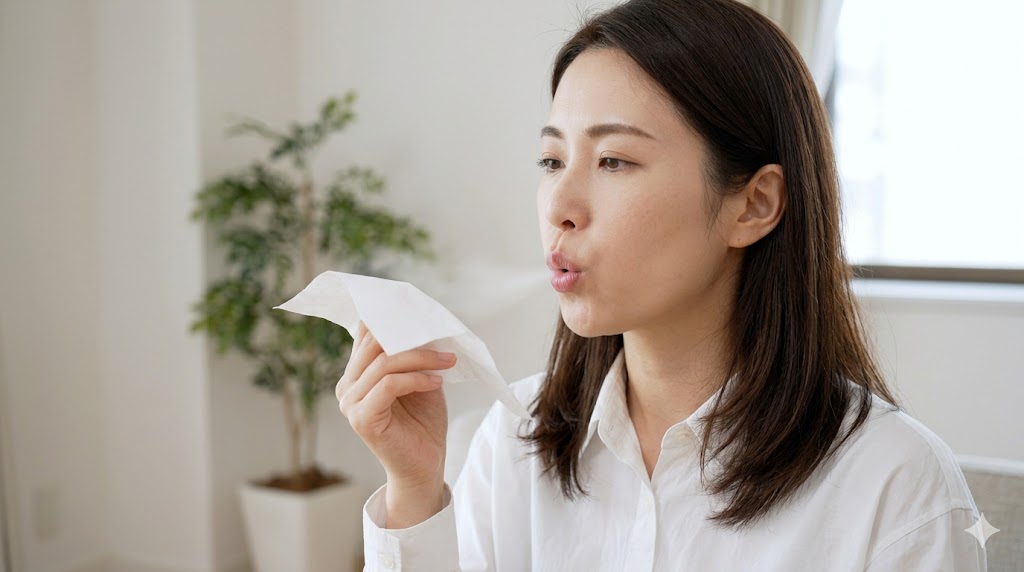 日本人女性が口元に白いティッシュペーパーを一枚垂らし、韓国語の激音「ㅋ（k'）」を強く発音して、ティッシュが息でヒラッと大きく揺れている練習風景。