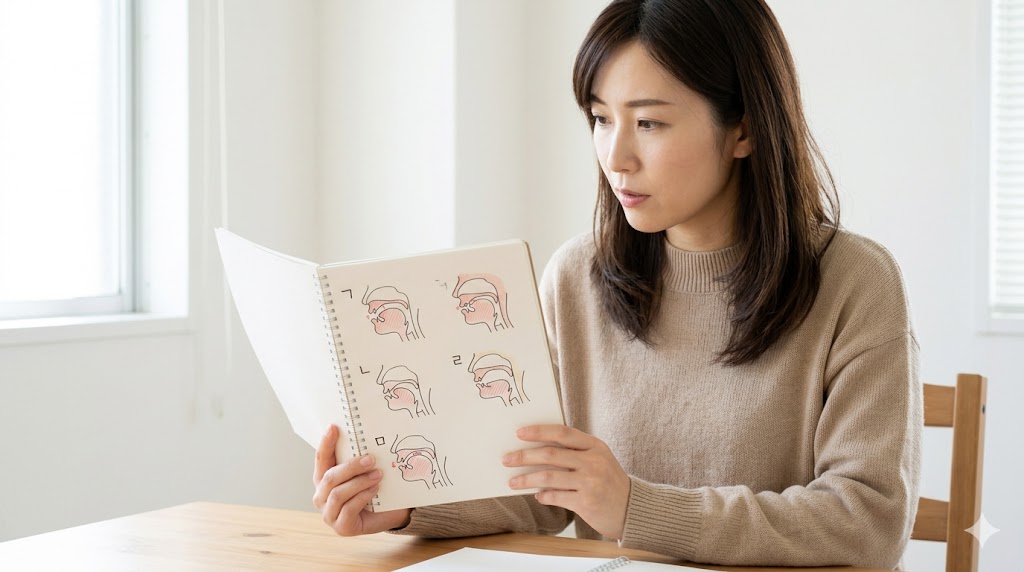 学習用ノートに描かれた、口や舌、喉の断面図のイラスト（ㄱ, ㄴ, ㅁの形状の由来を示す）を、日本人女性が真剣な表情で分析している様子。