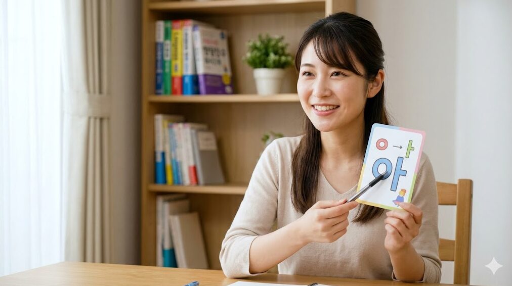 自宅の勉強机で、ハングル文字（母音「ア」）の構成を説明するフラッシュカードを笑顔で指差す日本人女性。韓国語学習をこれから始める人への共感と歓迎を表現。
