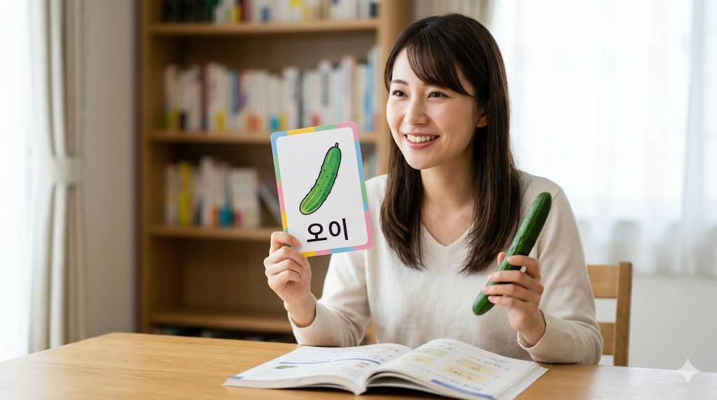 自宅の勉強机で、きゅうりの実物と「오い（オイ）」という文字が書かれたフラッシュカードを笑顔で掲げる日本人女性。基本母音だけでできた簡単な単語を視覚イメージとセットで覚える効果的な学習法。