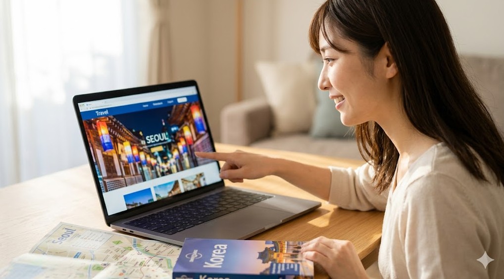 韓国観光公社やソウル特別市の日本語版公式サイトを閲覧し、次の韓国旅行での韓国語注文や、TOPIKの読解対策として生活情報を調べる日本人女性。