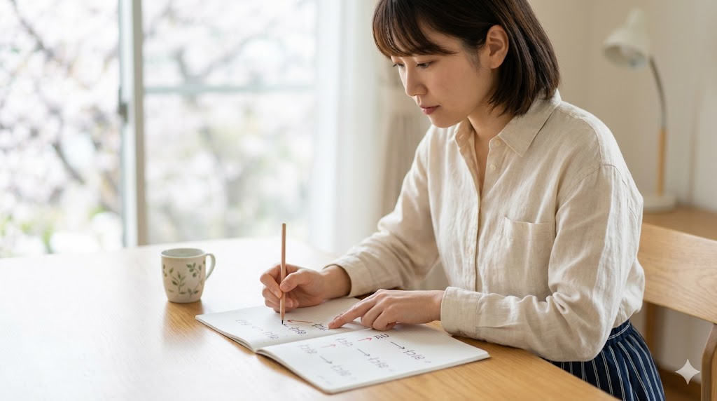 明るい自宅の学習スペースで、アジア人女性が眼鏡をかけ、韓国語のテキストを見つめながら、「하다動詞」における短い否定（間に入れる）と長い否定（後ろにつける）の正しい挿入位置についてじっくりと考えている。