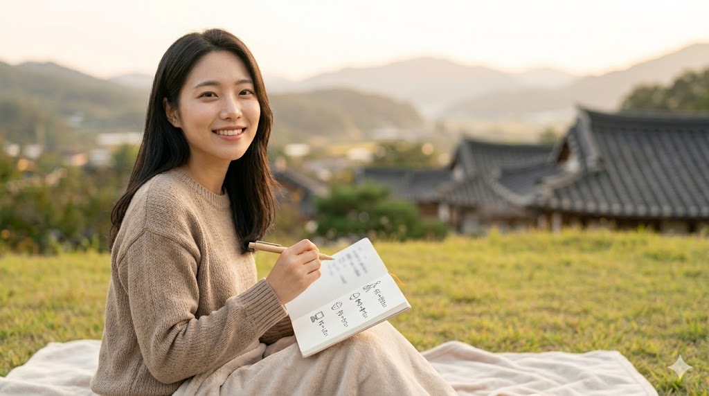 自然豊かな韓国の風景を背景に、リラックスした表情でノートを見返している日本人女性のイメージ画像。自然な光の中で、彼女は韓国語で「〜したい」という様々な願望を表現できるようになった達成感を感じており、もっと自然なコミュニケーションを楽しめる未来が表現されている。