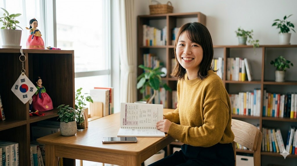 学習を終え、整理されたノートを手に笑顔を見せるハングルライフ運営者ホシ。義務表現のマスターを自信につなげ、次の学習意欲を高める様子。