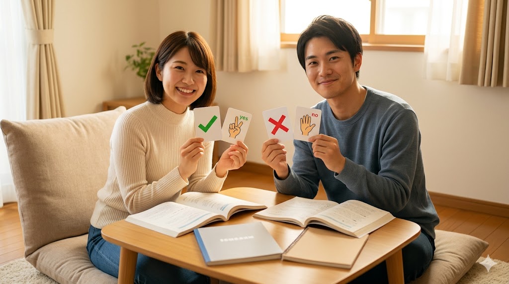 韓国語学習の許可と禁止の文法をマスターし、笑顔で「許可」と「禁止」のカードを示す日本人男性と女性。達成感のある学習の様子。