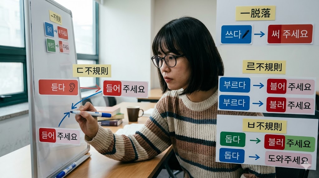 ソウルの語学学校の自習室で、日本人の女子留学生が韓国語の「不規則活用」のルール（ㄷ不規則、ㅂ不規則など）をホワイトボードに体系的に整理し、集中して学習する様子。韓国語の上級レベルを目指すための、厄介だけど必須の文法知識をマスターするイメージ。