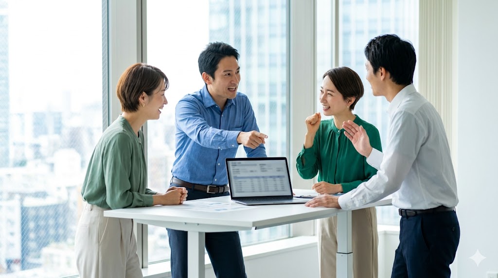 東京のオフィスで、日本人男女のチームが熱心にミーティングを行い、リーダーの提案に賛同している。ビジネスシーンでのフォーマルな勧誘・スローガン（-ㅂ/읍시다）の場面。