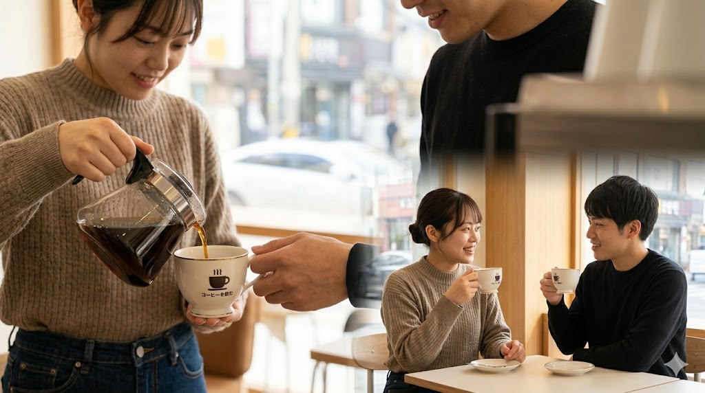 ソウルのカフェで、日本人女性と夫（日本人男性）が、「コーヒーを淹れて、飲む」という一続きの動作を、密接に関連した行動のストーリーとして行っている様子。