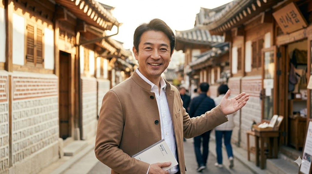 ソウルの伝統的な韓屋（ハノク）が並ぶ街並みを背に、笑顔でガッツポーズをする運営者ホシ（日本人男性）。韓国文化と語学学習の楽しさを象徴する、明るく前向きな一枚。