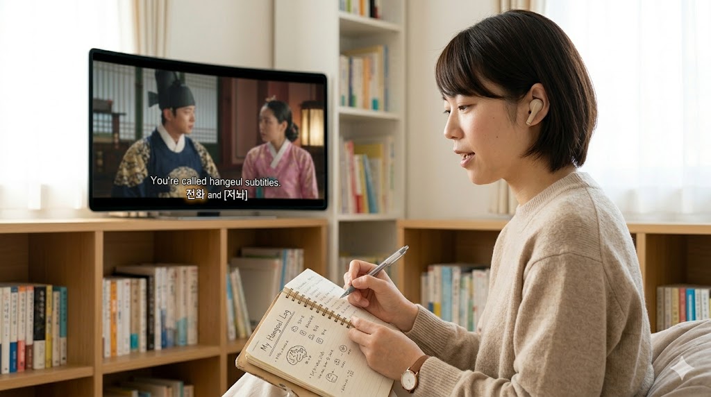 韓国ドラマを視聴しながら、ネイティブの「ㅎ」の弱化や脱落を意識してリスニング練習をする日本人女性。字幕と音声を照らし合わせ、脳内の発音辞書を書き換える様子。