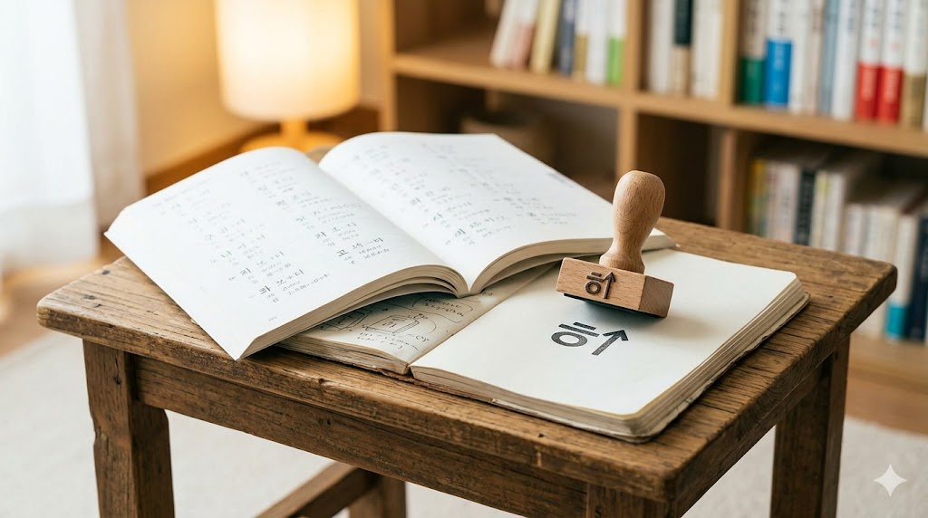 木のテーブルに置かれた韓国語の教科書とノート、そしてハングルの文字が彫られたスタンプが表示されており、学習者が基本助詞をマスターして上達していく様子を象徴的に表している。