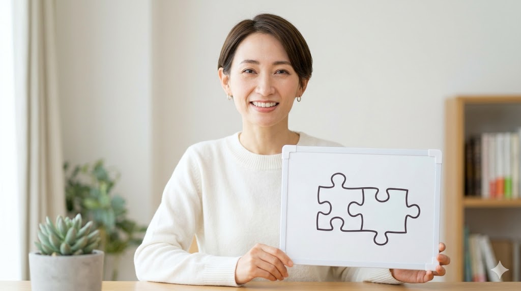 自宅の書斎で、韓国語のヘヨ体疑問文の学習ロードマップ（文法と発音の実践）を理解し、笑顔を見せる日本人の女性。