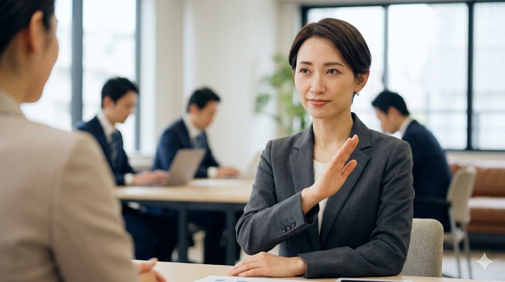 ビジネス会議で丁寧に否定のジェスチャーをする日本人女性。韓国語のハムニダ体否定形の解説。