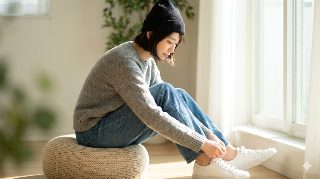 椅子に座り、ニット帽を被り、スニーカーを履いた日本人女性の静止画イメージ。着用動詞の例外ルールとして、「すでに身につけている状態の継続」も「-고 있다」で表現することを視覚化。