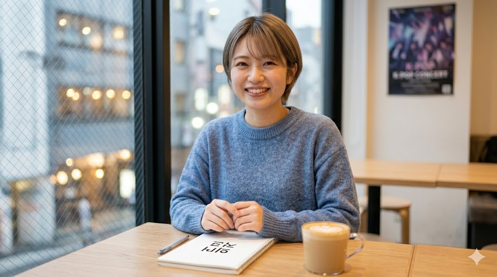 日本人女性学習者がカフェの窓辺で微笑む、自信を持って閉じたノートとペンを前に、韓国語の過去形マスターを象徴