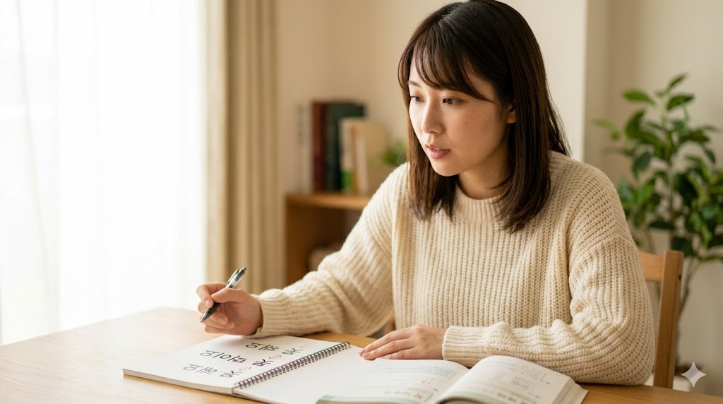 日本人の女性が、自宅のデスクで韓国語の否定表現「못」の発音変化（激音化、鼻音化、連音化）について、具体例（못 해요, 못 먹어요, 못 와よ）のダイアグラムを見ながら真剣に勉強している。