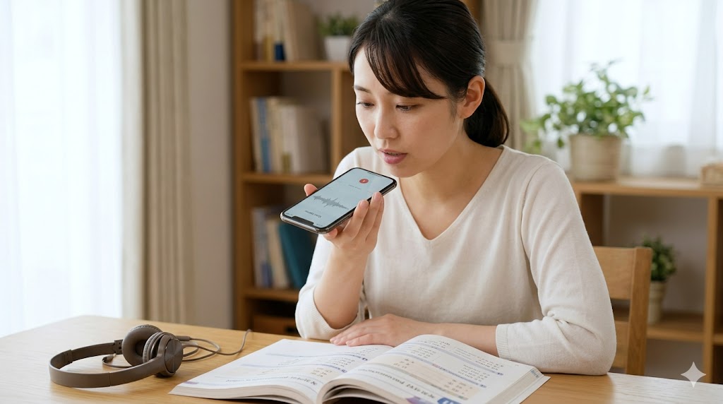 スマートフォンのボイスメモ機能を使って、自分のハングル発音を録音する真剣な表情の日本人女性。教材のネイティブ音声と聞き比べる自主練習風景。