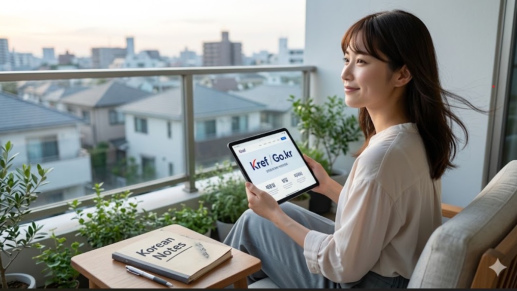 信頼できる韓国語学習公式サイトや公的機関を「お気に入り」に登録し、夕暮れのバルコニーでリラックスしながら学習を継続する日本人女性。