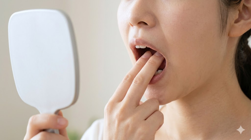 手鏡を見ながら、ハングル母音「ㅓ（オ）」の正しい発音である、口を縦に大きく開ける形を確認する日本人女性の口元アップ。顎を下げて指2本が入る広さを強調。