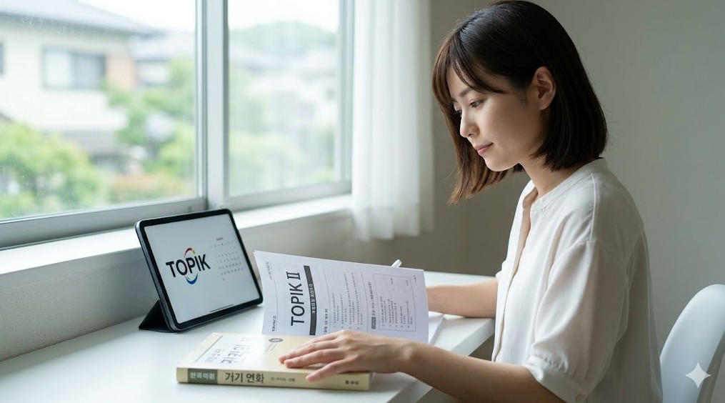 TOPIK（韓国語能力試験）日本公式サイトと韓国本家サイトを活用し、試験の日程確認や過去問対策をデスクで行う日本人学習者。