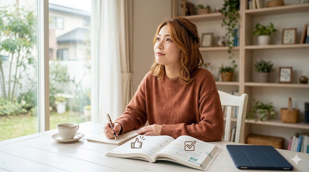 勉強机に座って韓国語を勉強する女性。