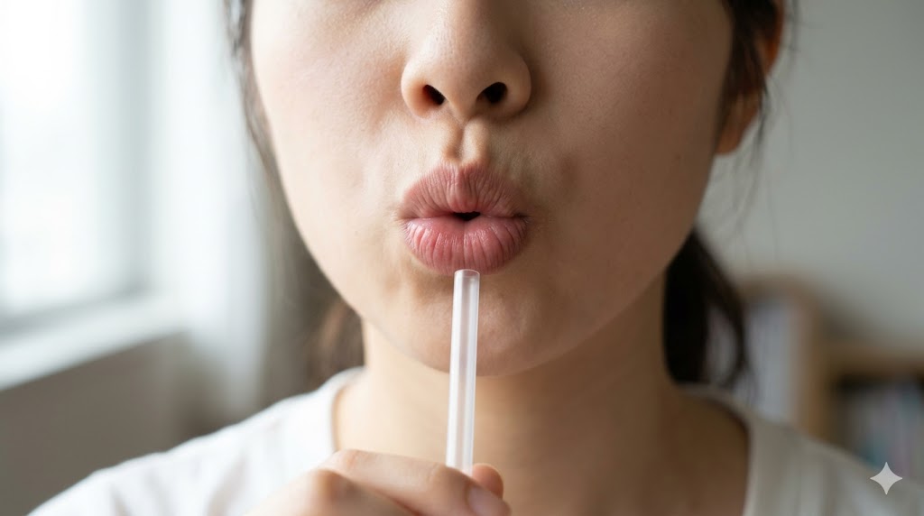 ハングル母音「ㅜ（ウ）」の正しい発音である、タコのように唇を丸くすぼめて前に強く突き出す形を作る日本人女性の口元アップ。ストローを吸う動きを意識。