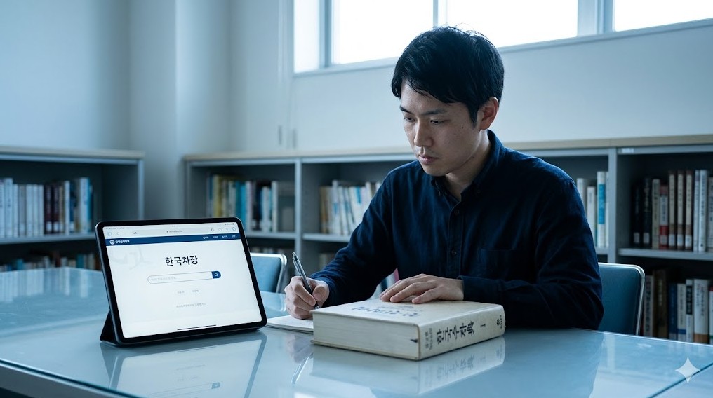 韓国の国立国語院（標準語管轄機関）のサイトや辞書を活用し、正確な韓国語の文法や分かち書きのルールを調べる日本人学習者。