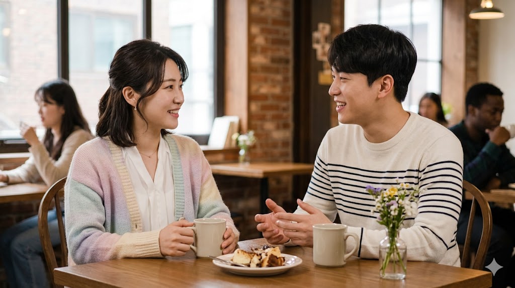 韓国のカフェで、親しくヘヨ体（アヨ体・オヨ体）を使って会話をする日本人女性と韓国人男性